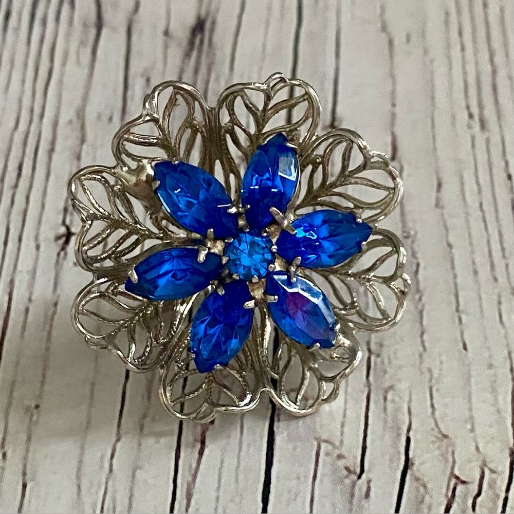 Elegant Silver and Blue Rhinestone Brooch